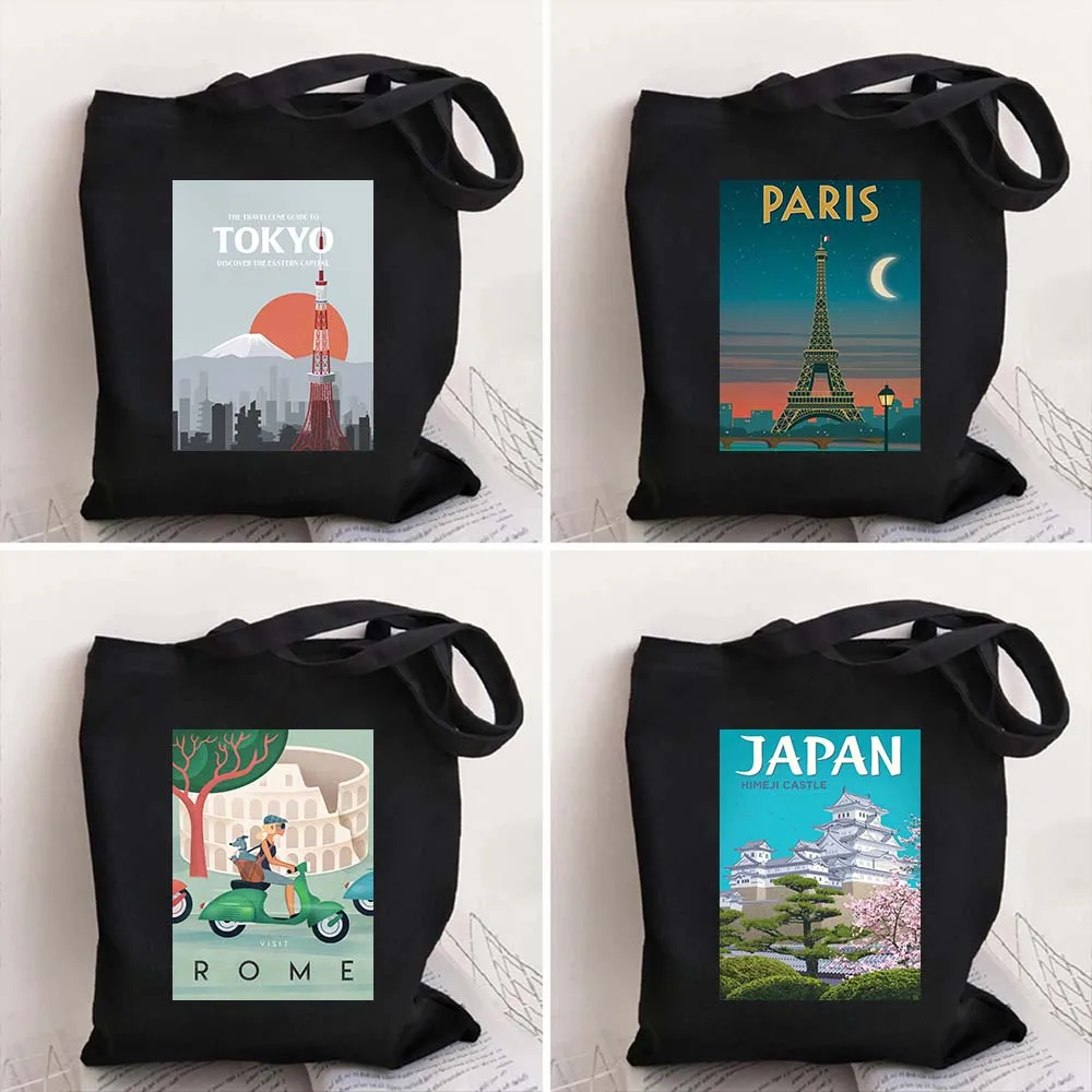 

Travel City Cotton Tote Bag for Women Tokyo Paris Rome Beaches Large Shoulder Reusable Shoppers Shopping Handbags