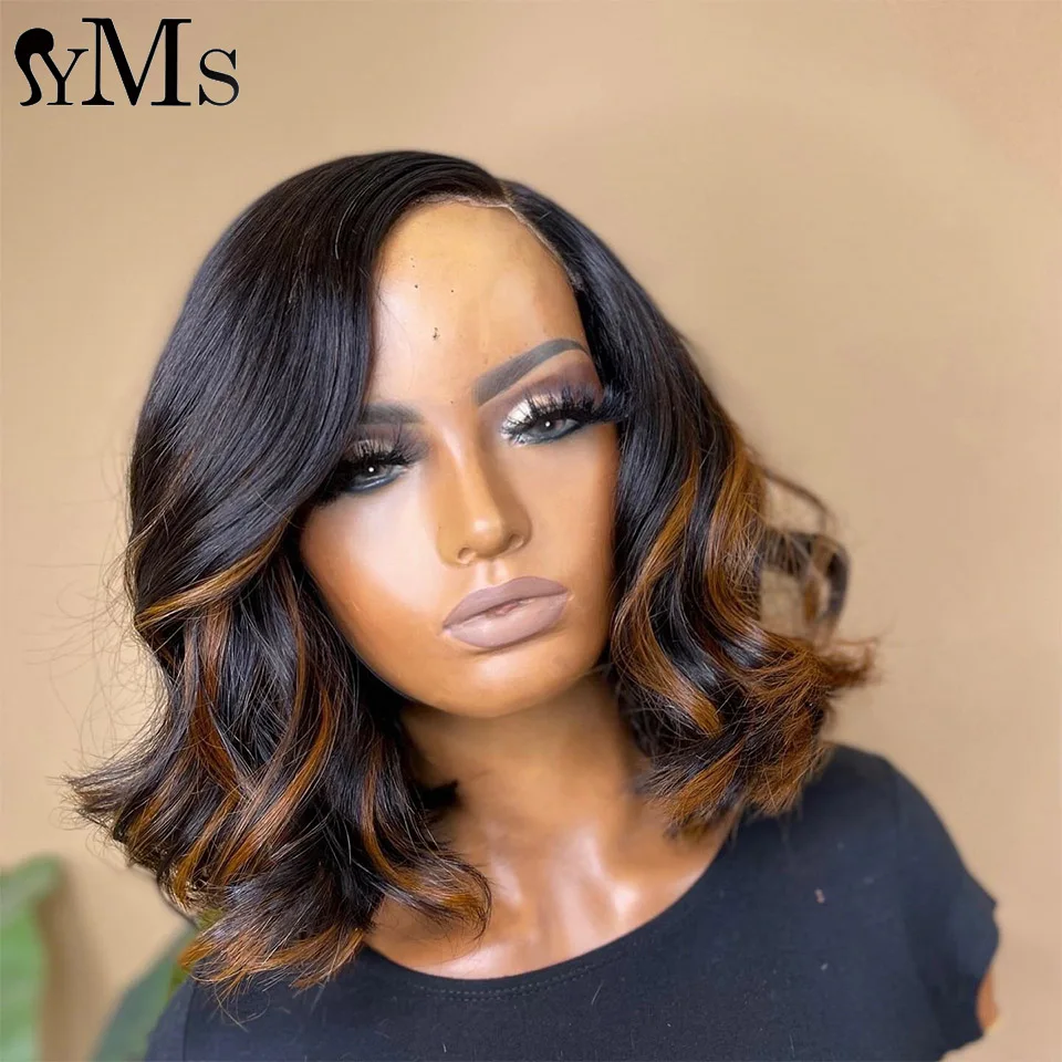 

Highlight 30 Brown Ombre Colored Lace Front Human Hair Bob Wigs For Women Pre Plucked HD Transparent Wave Lace Frontal Wig YMS
