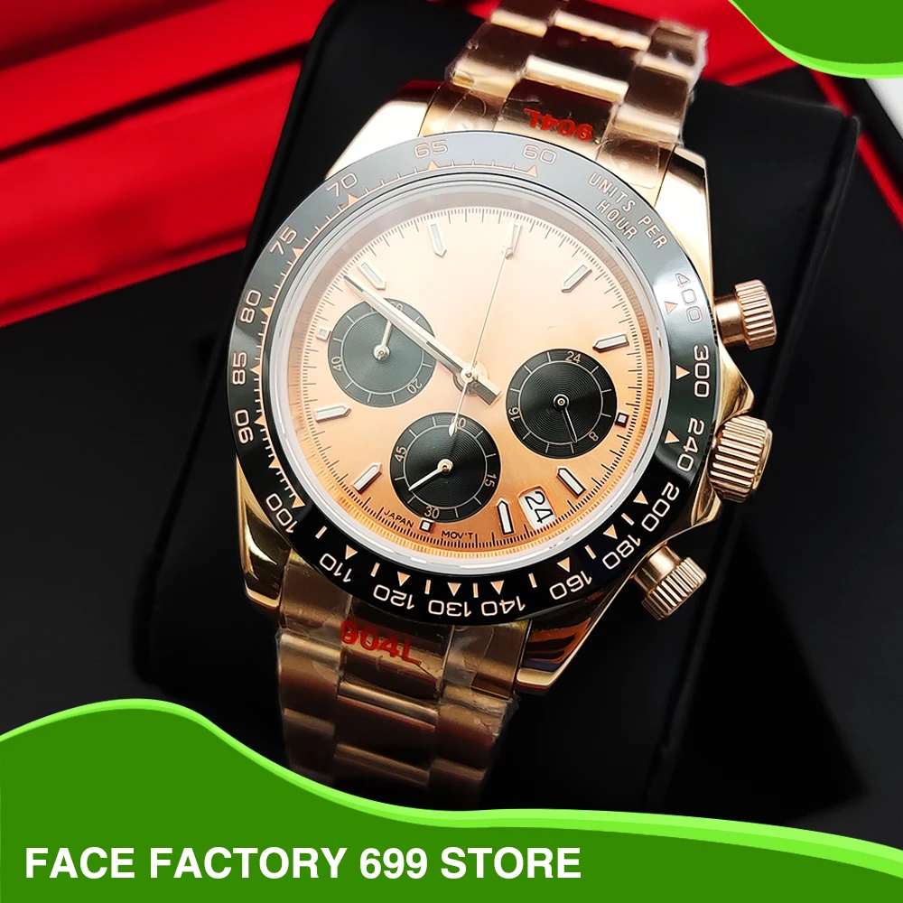 rose gold three-eye chronograph panda quartz watch VK63 movement sapphire glass men's watch waterproof stainless steel