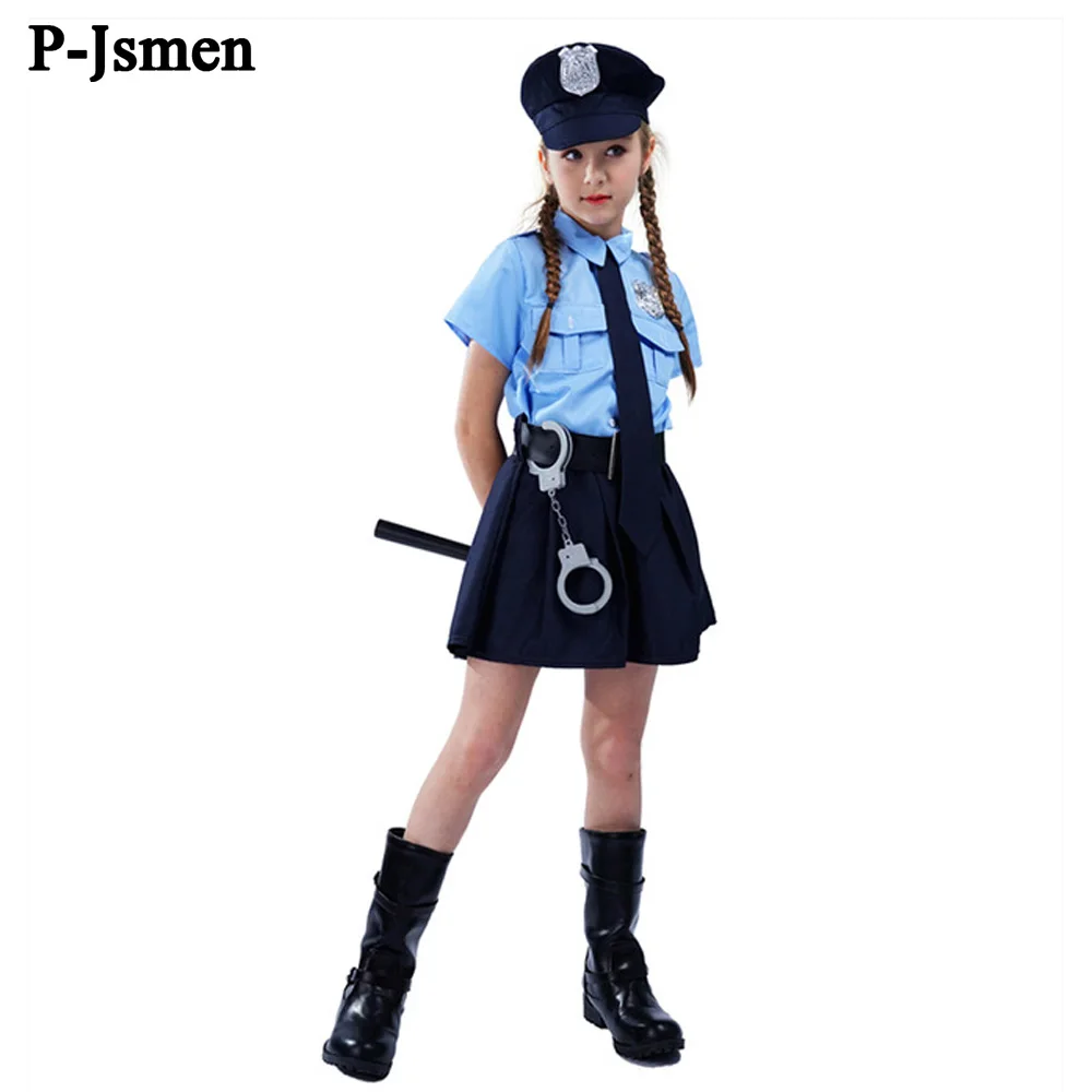 

P-Jsmen Girls Tiny Cop Cosplay Costumes Carnival Party Fancy Clothing Set Halloween Wear Girls Policewoman Uniform