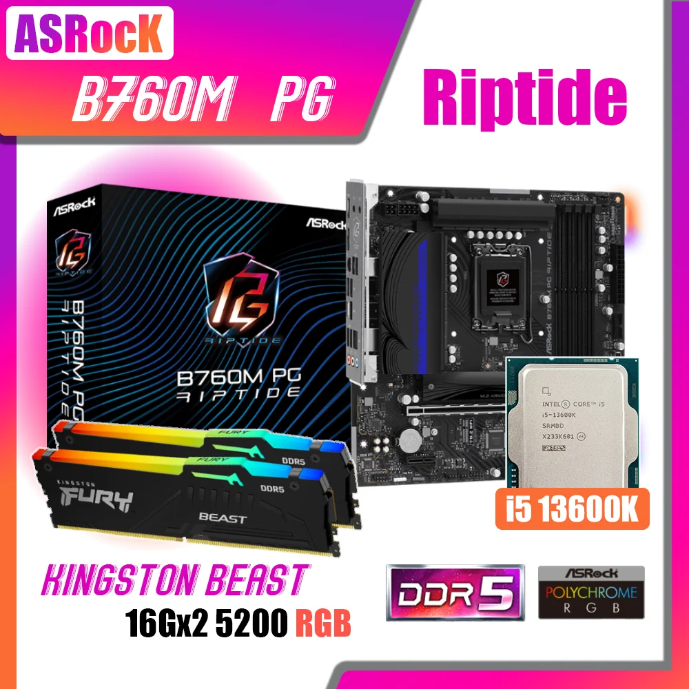 

Kit ASRock B760M PG Riptide DDR5 LGA1700 Motherboard With Intel Core i5 13600K Processor Fury DDR5 5200MHz 16G x2 RGB Memory