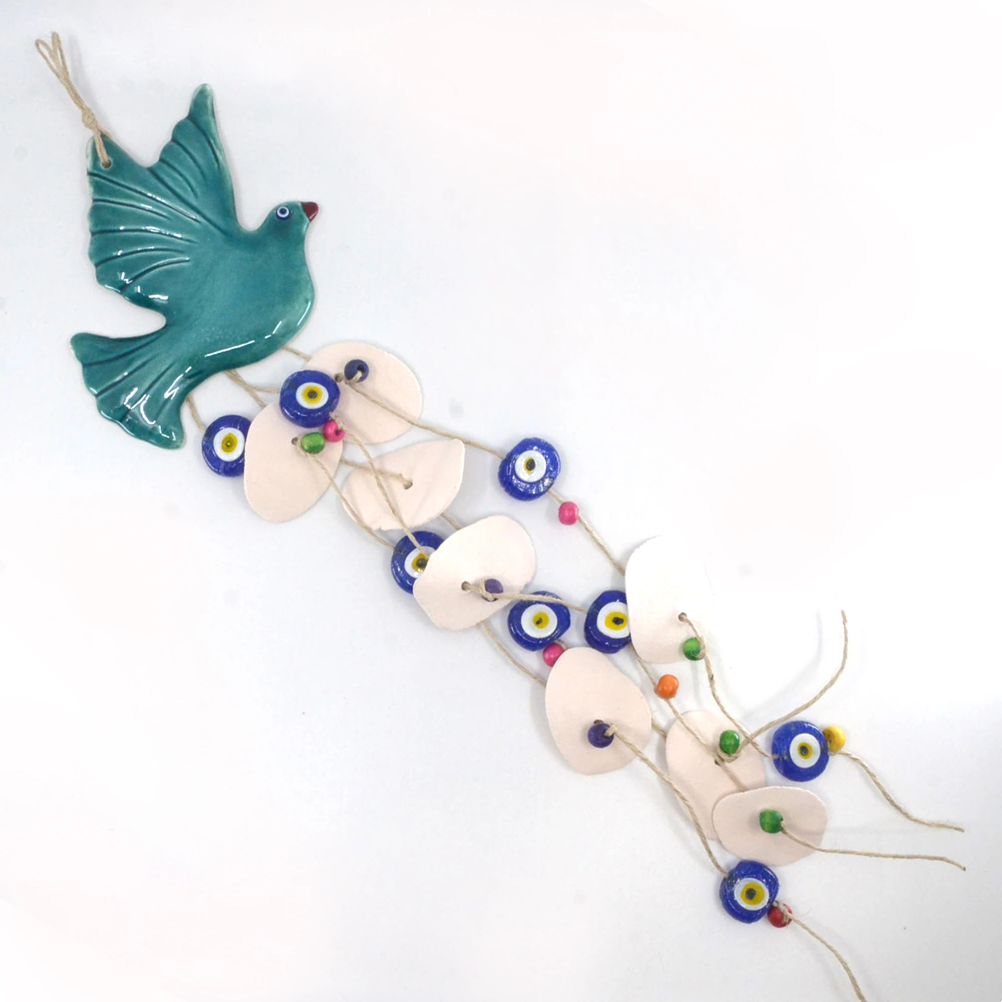 

Turquoise Porcelain Bird Wind Bells - Ceramic Evil Eye Bead Wall Art - Animal Pottery Wall Hanger Ornament