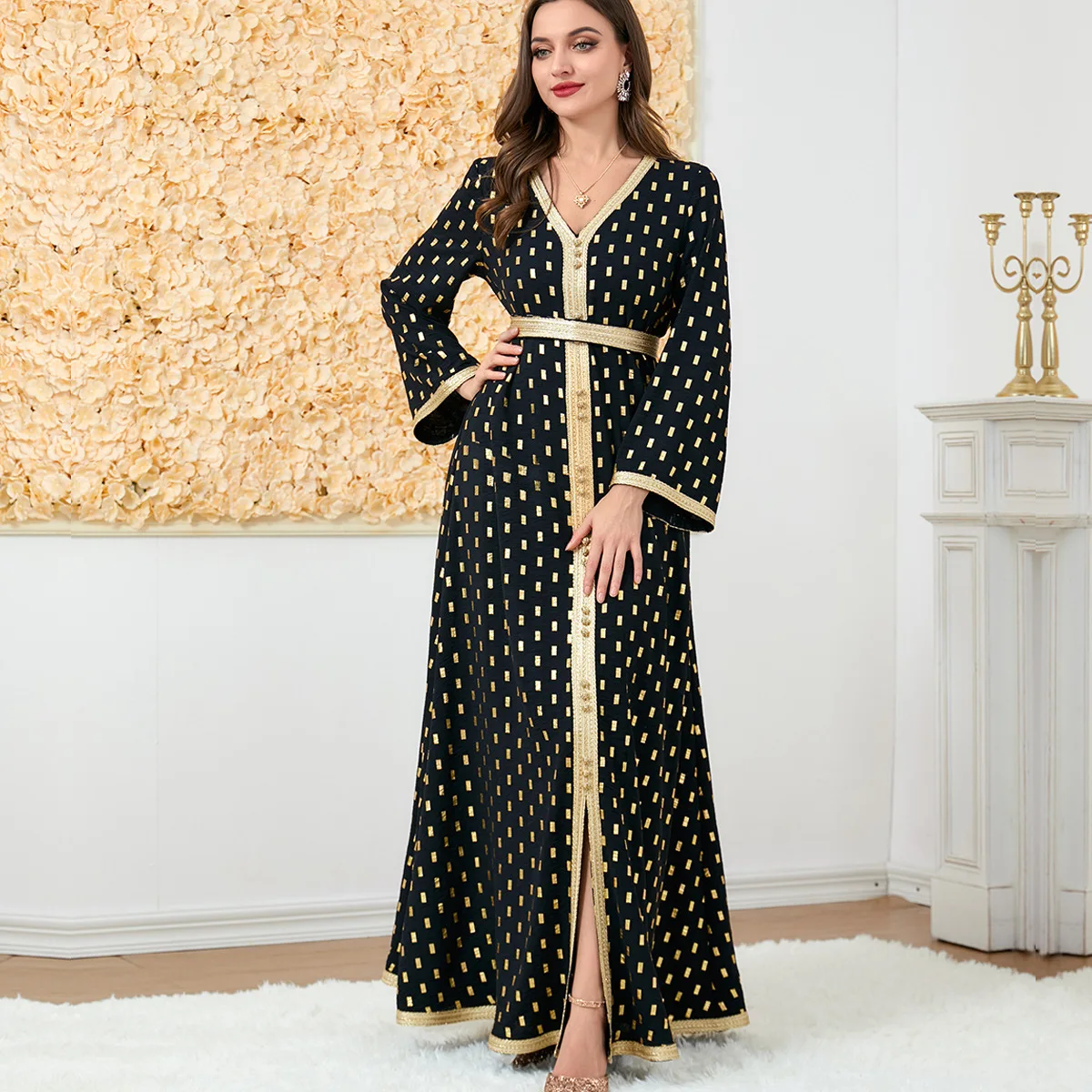 

ICCLEK Luxury Evening Dresses 2023 Moroccan Caftan Woman Maxi Dress Golden Black Abaya Femme Musulman Islam Robe Belt Outfits