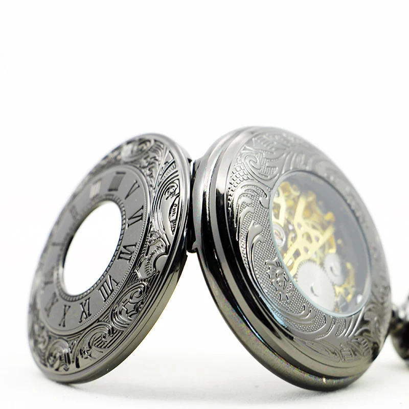 Retro Hand Wind Mechanical Pocket Watch With Fob Chain Mens Hollow Skeleton Dial Black Steel Fashion Pocket Fob Watches Gifts