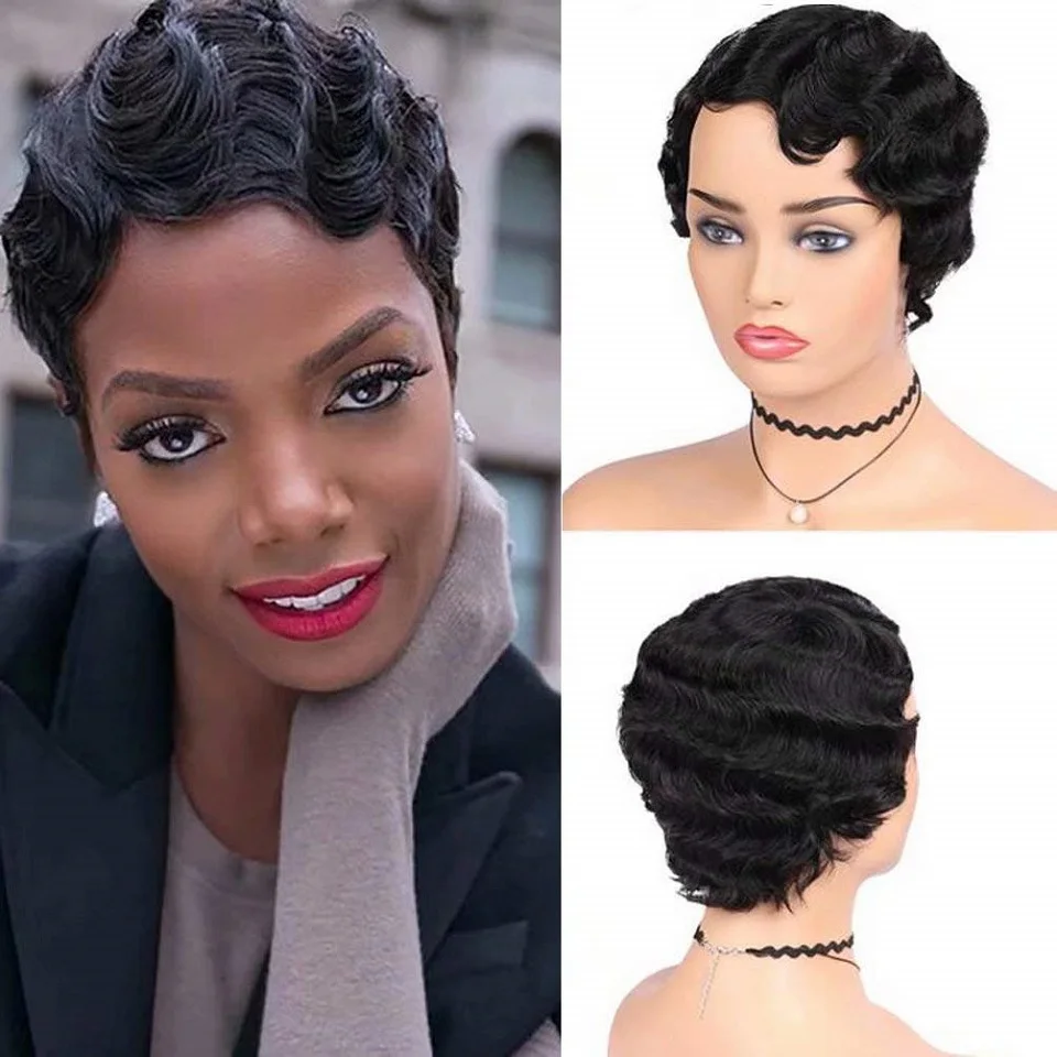 

Short Pixie Cut Wig Human Hair For Black Women Machine Made Wig No Leave Out Glue Natural Color Brazilian Finger Wave Wig Sale