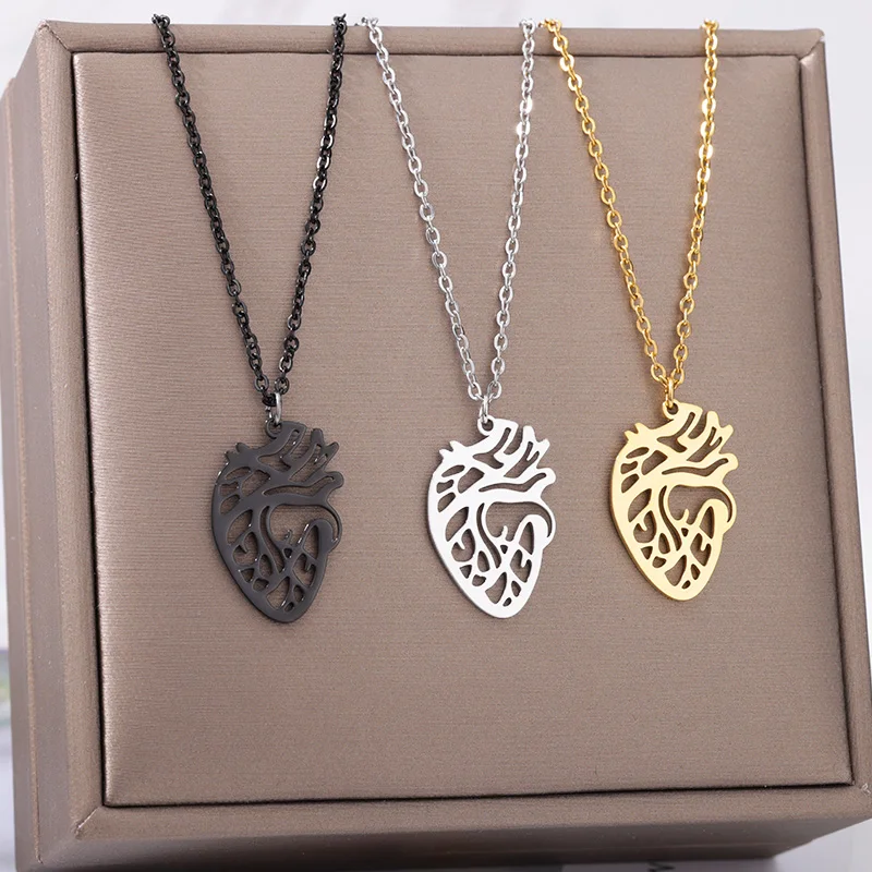 

New Arrival Stainless Steel Jewelry Human Medical Anatomical Heart Necklace Simple Hollow For Doctor Gift
