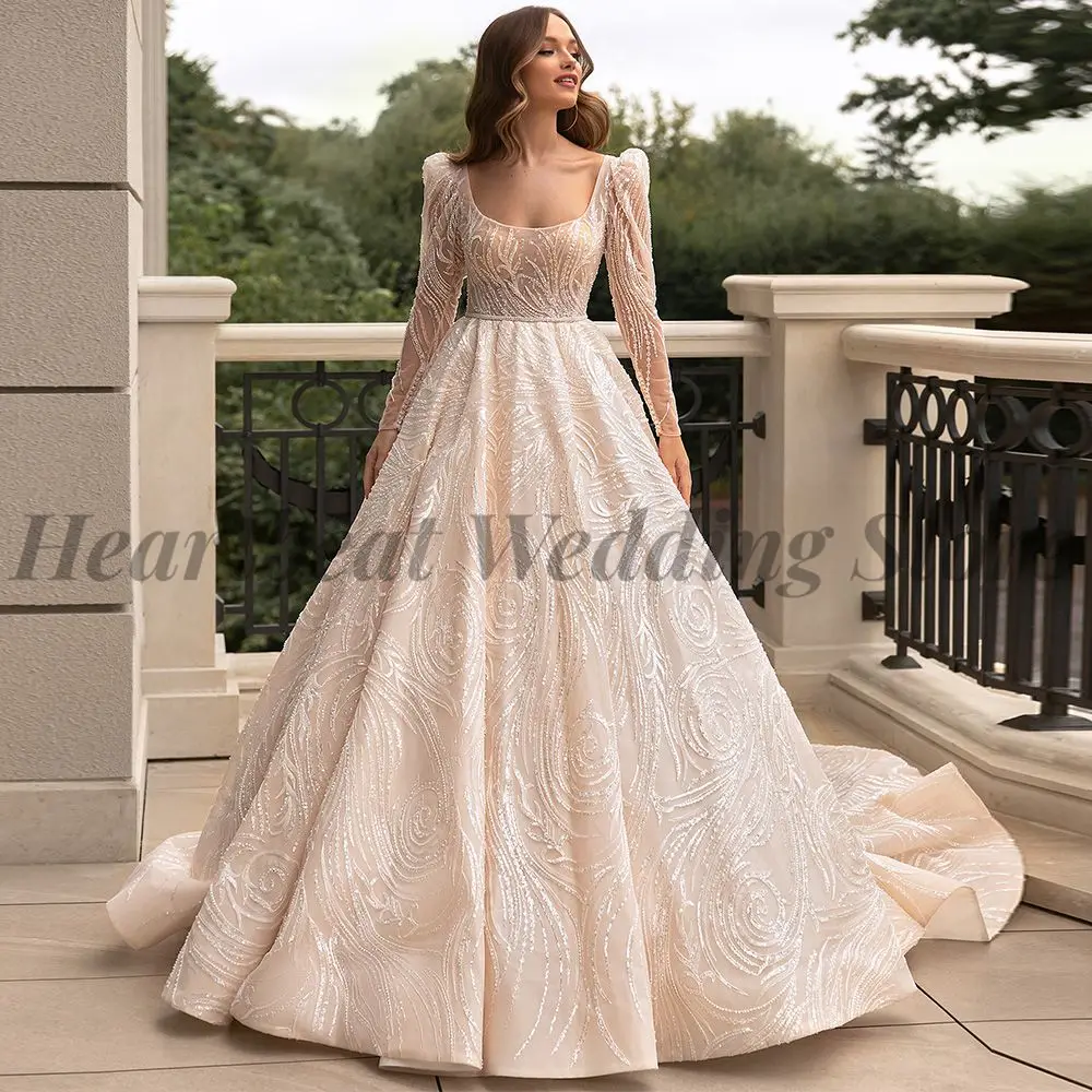 

Elegant Lace-Up Wedding Dress for Brides A-Line with Scoop Neck Long Sleeve Court Train Applique Sequins Beads 2023 Bridal Gowns