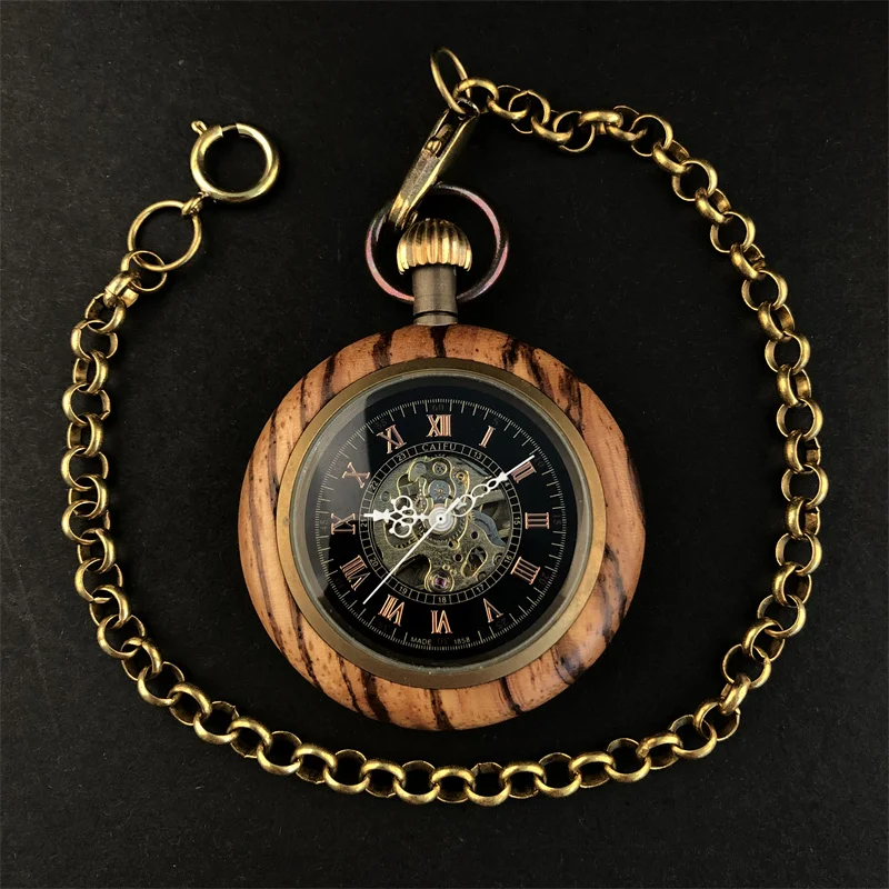 Roman Numerals Vintage Wooden Mechanical Minimalist Pocket Watches For Men Women Necklace Pendant with Chain Gifts