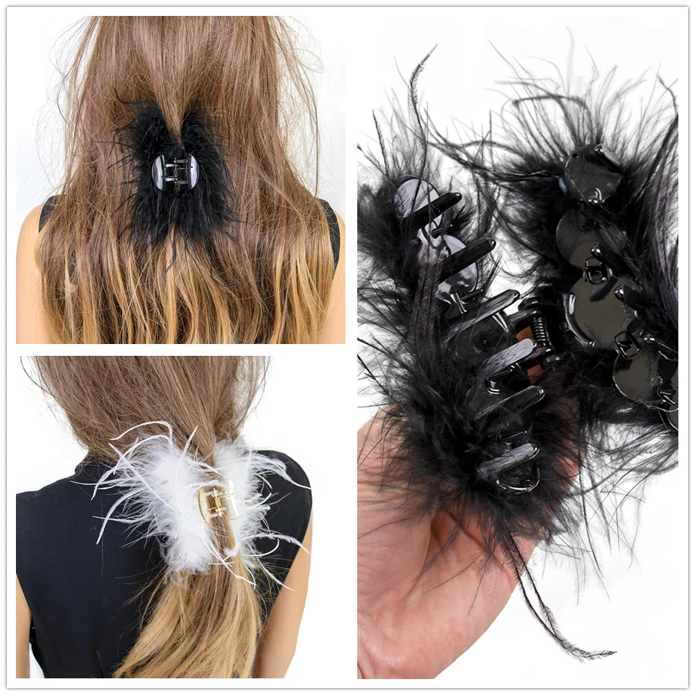 

Fashion Black white Ostrich Feather Hair Accessories Women's Feather Hair Clip Feathers Headwear for Women Hair Claw Headwear