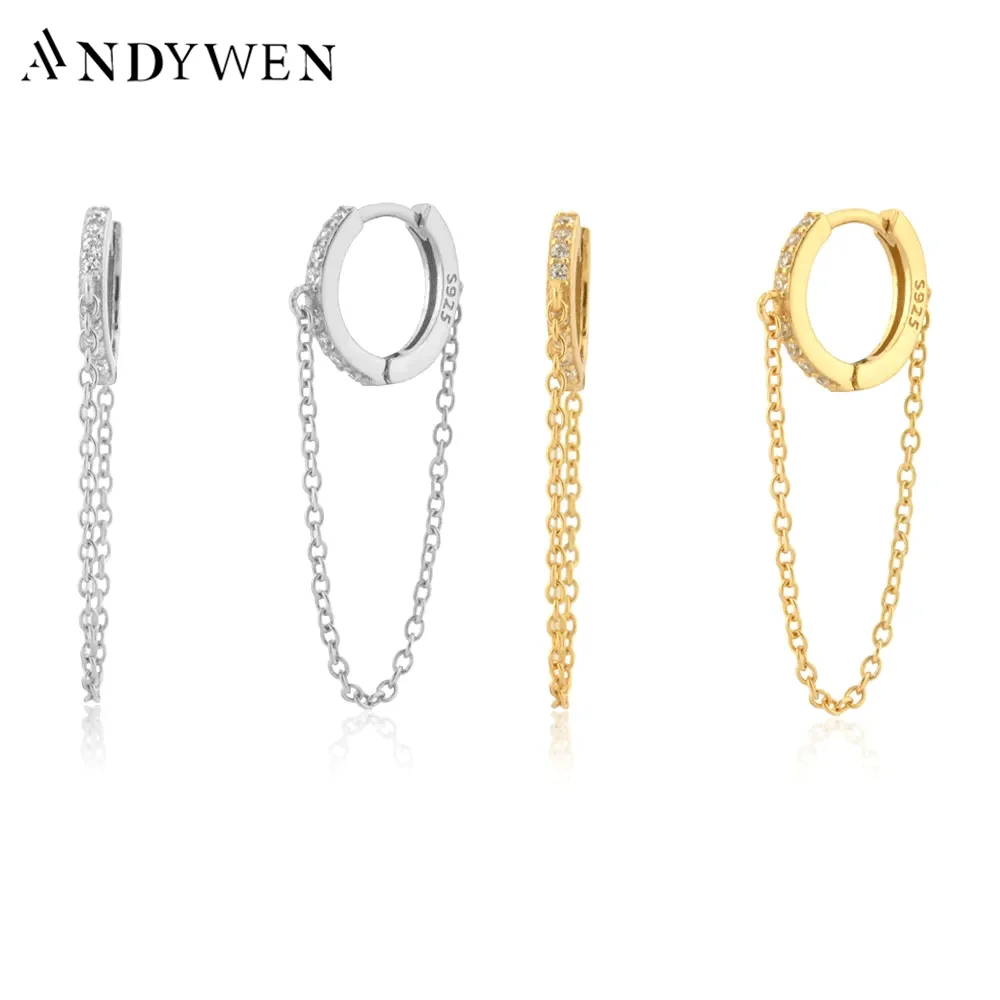 

ANDYWEN 925 Sterling Silver Gold 8mm Zircon Huggies Chain Hoops Luxury CZ Round Piercing Pendiente Jewelry Gift Wedding Party