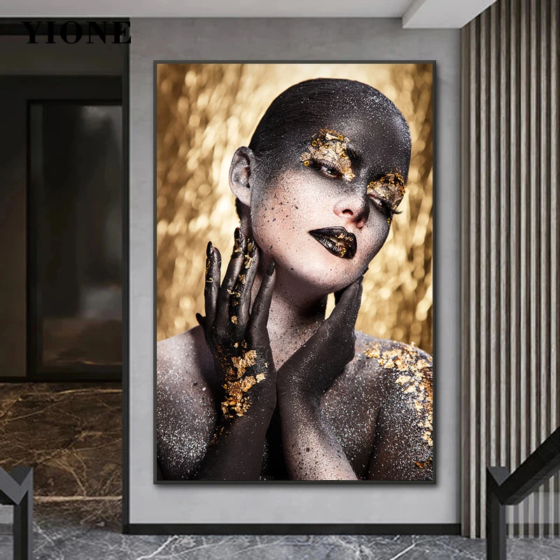 

Modern Art Makeup Woman Canvas Painting Fashion Gold Foil Figure Picture Print Wall Poster for Living Room Bedroom Home Decor