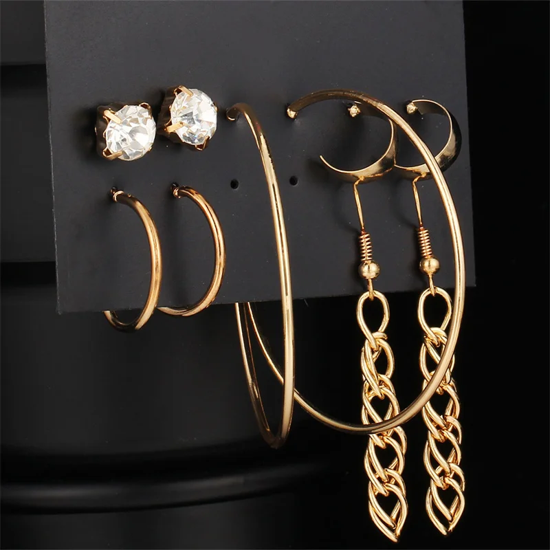 

European and American Punk Creative Retro Simple Gold Alloy Circle Metal Chain Earrings Ladies Jewelry 5 Pairs Set