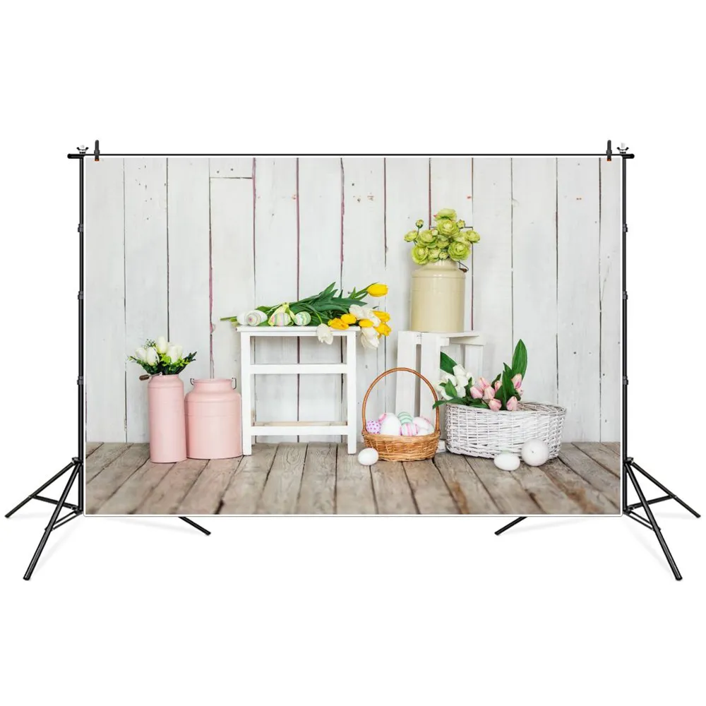

Photography Backdrops Spring Easter Eggs Flowers Wooden Boards Party Decoration Custom Baby Photo Booth Studio Backgrounds Props