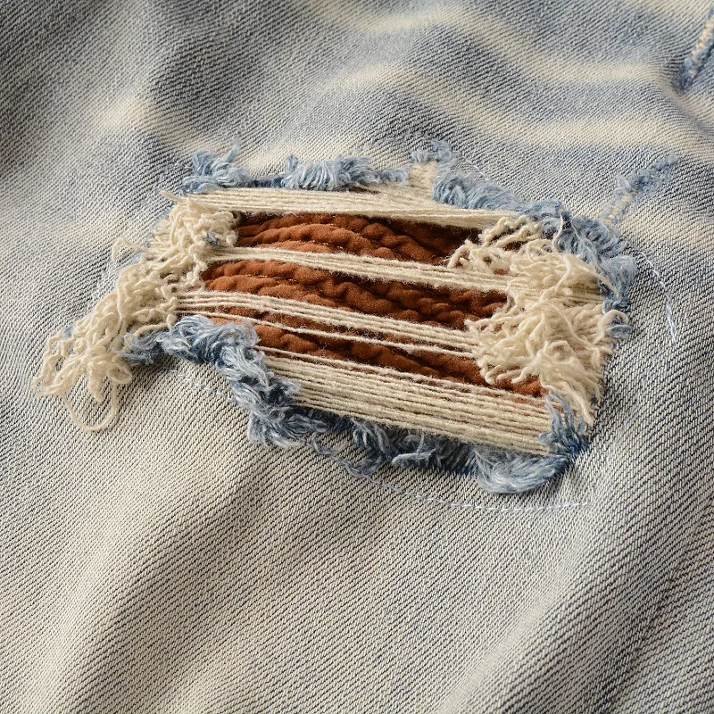 Men's Distressed Denim Pants Streetwear Fashion Slim Fit Hollow Out Damaged Holes Letters Pattern Printed Skinny Stretch Jeans