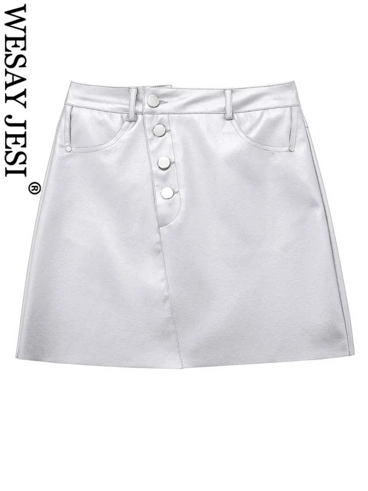 

WESAY JESI TRAF Women New Fashion Silver Shiny Mini Skirts Chic Zipper High Waist Button Decoration Skirt Slit Skirts Female Y2K