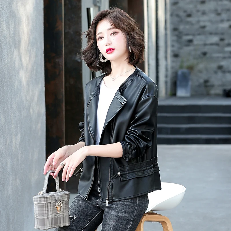 Women Faux Leather Jacket Biker Red White Coat Turndown Collar PU Motorcycle Jacket Uasual PU Loose Female Steet Oversize Coat