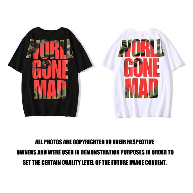 

100% Cotton Wholesale 2022 Summer Ape Head Crazy World Alphabet Print Men 'S Short-Sleeved Bape T-shirt