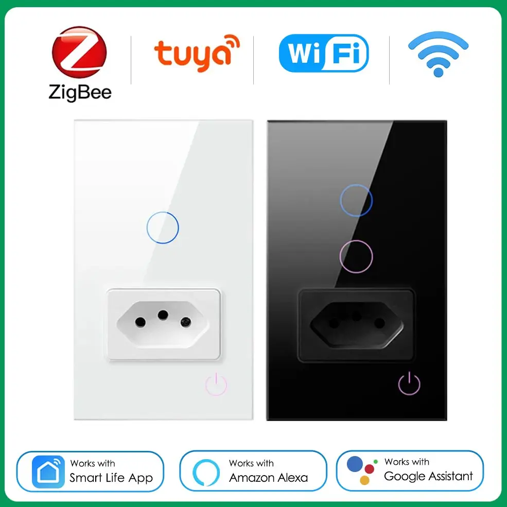 

Tuya Wifi Smart Wall Switches With Brazil Socket Glass Panel Smart Life Brazil Touch Switch With Socket Outlet Works With Alexa
