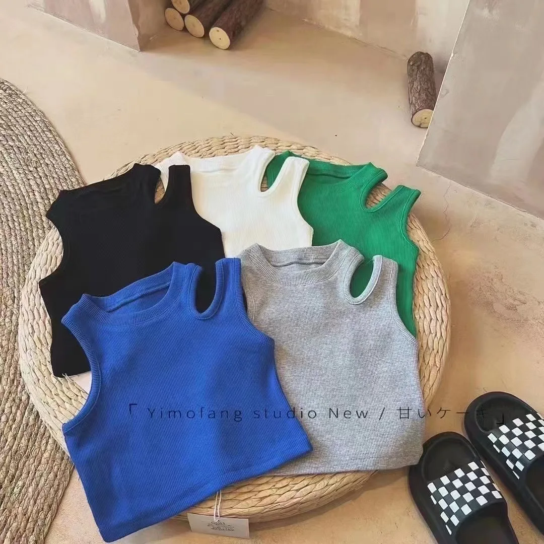 

Fashionable Kids Sleeveless Garment Hole Shoulder Knitted Girl Under Waist Pure Color High Quality Sleeveless Sweater Tank Top