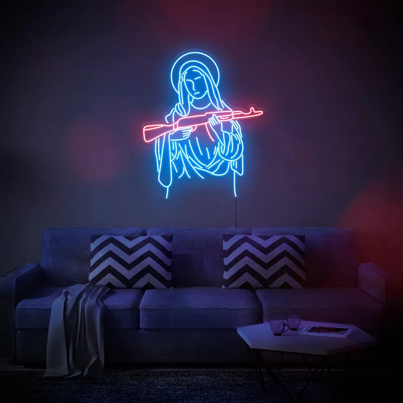 Ineonlife Peace Virgin Mary Madonna Gun AK47  Neon Sign Light for Party Club Shop USB Switch Atmosphere Wall Decor Blessed Gift