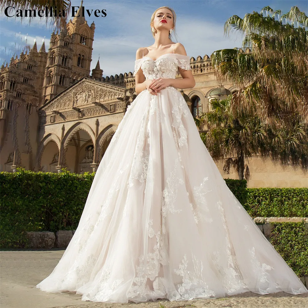 

Elegant A Line Princess Wedding Dresses For Women Off The Shoulder Bridal Gowns Appliques Backless Bride Dress Vestido De Novia