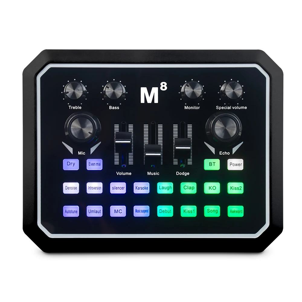 

Volume Control Bluetooth-compatible Audio Mixer Live Sound Card Noise Cancelling For Phone Computer Desktop With LED Light