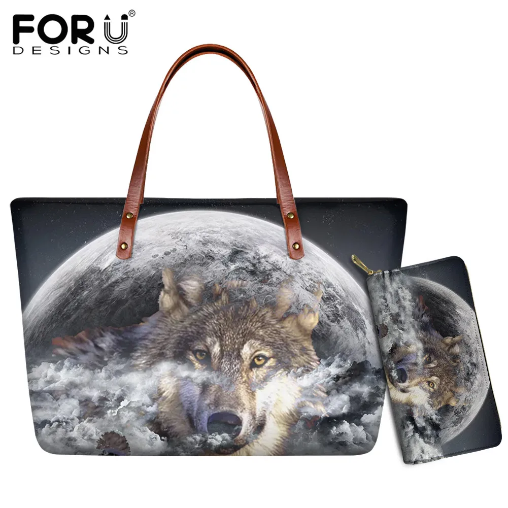 

FORUDESIGNS Women's Tote Bag Wallet Set Moon Wolf Design Popular Classical Casual Lightweight Polyester Shoulder Bag for Ladies