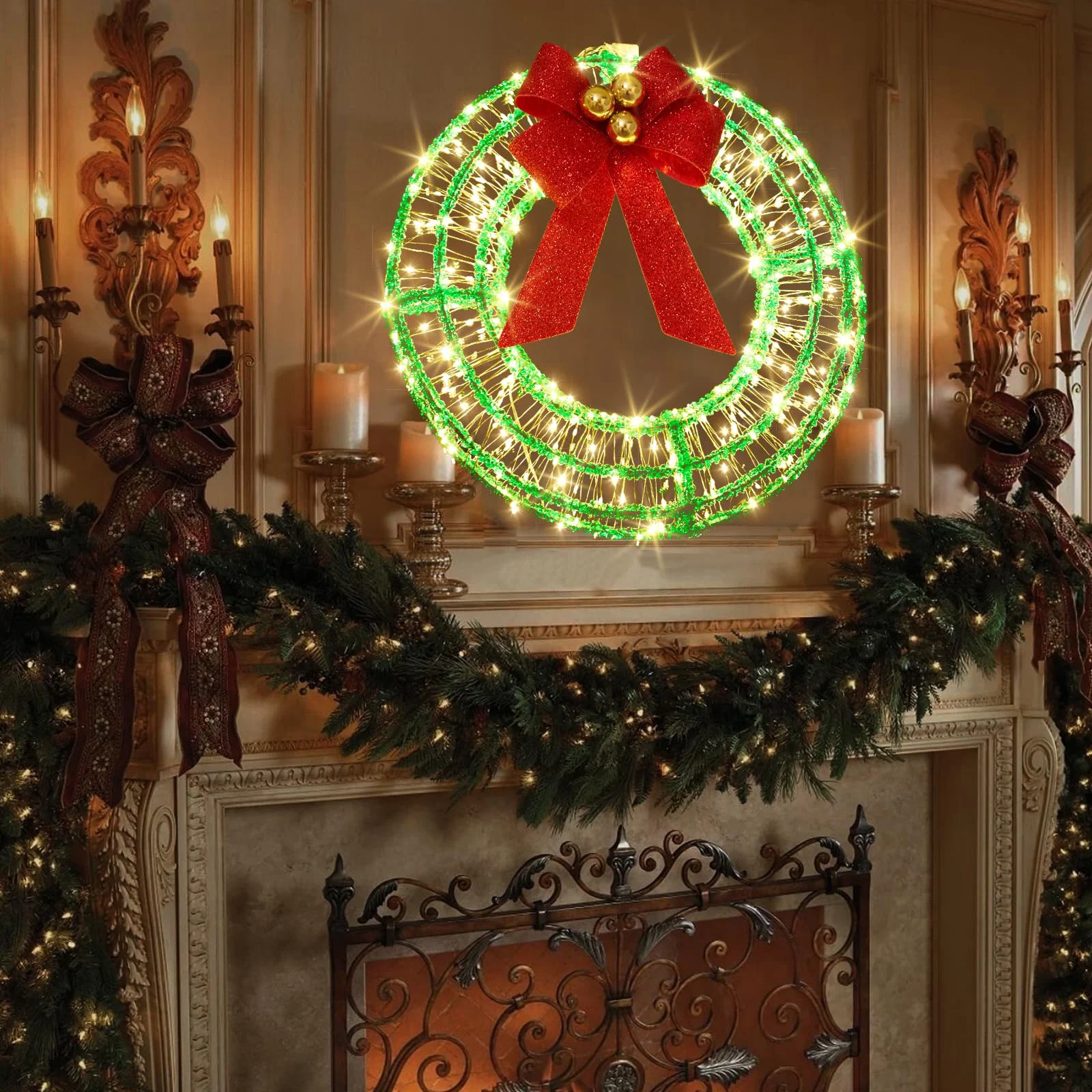 30-сантиметровый золотой венок со сверкающими светодиодными рождественскими