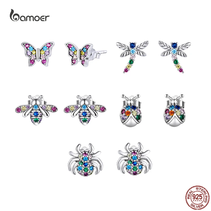 

Bamoer 100% 925 Sterling Silver Exquisite Color Butterfly Dragonfly Bee Insects Ear Studs Earrings for Girls Women Fine Jewelry