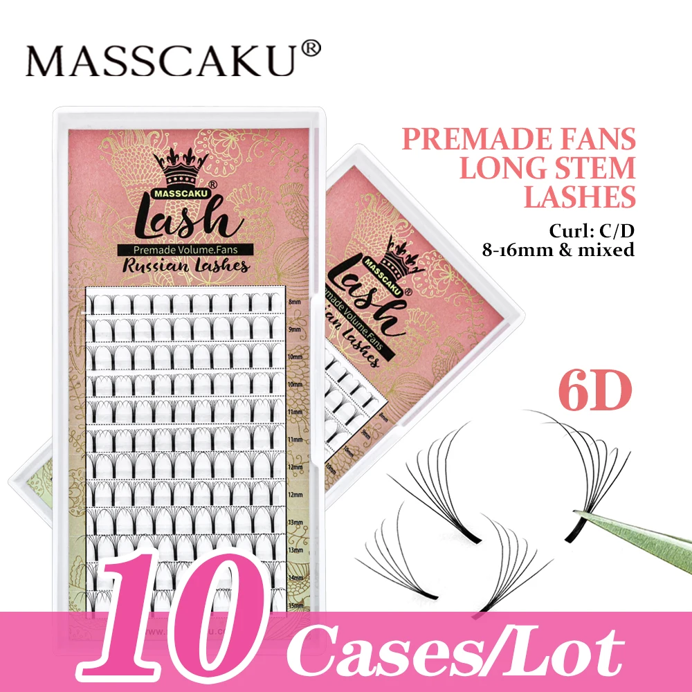 10case/lot MASSCAKU Premade Volume Fans Long Stem Russian Eyelashes 12Lines Faux Mink Makeup False Eyelash Extension Makeup
