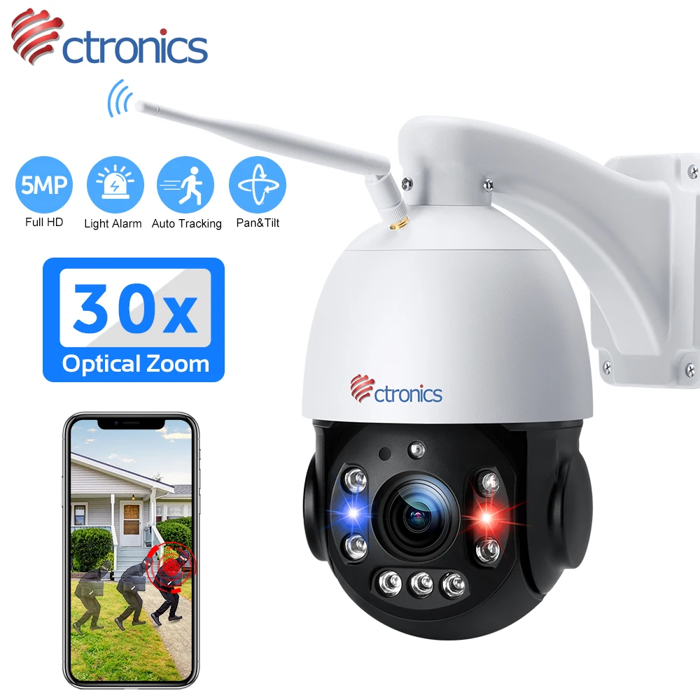 

Ctronics Камера видеонаблюдения WiFi Беспроводная наружная PTZ 30-кратный оптический зум 5MP Ночное видение 150 м Лазерная ИК HD IP-камера Авто Круиз CCTV