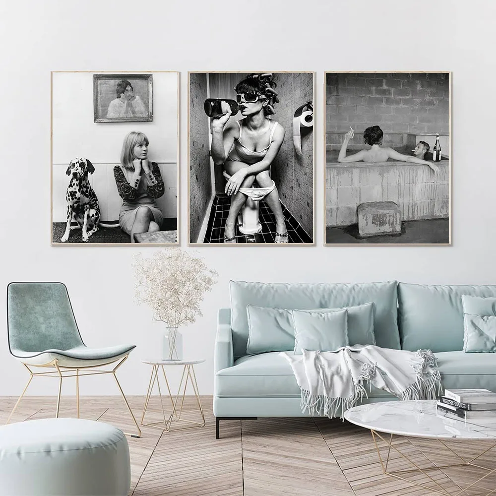 Black and White Phonograph Toilet Drink Art Print Fashion Girl Cat Dog Photo Wall Art Poster Stairs Canvas Painting Home Decor 4