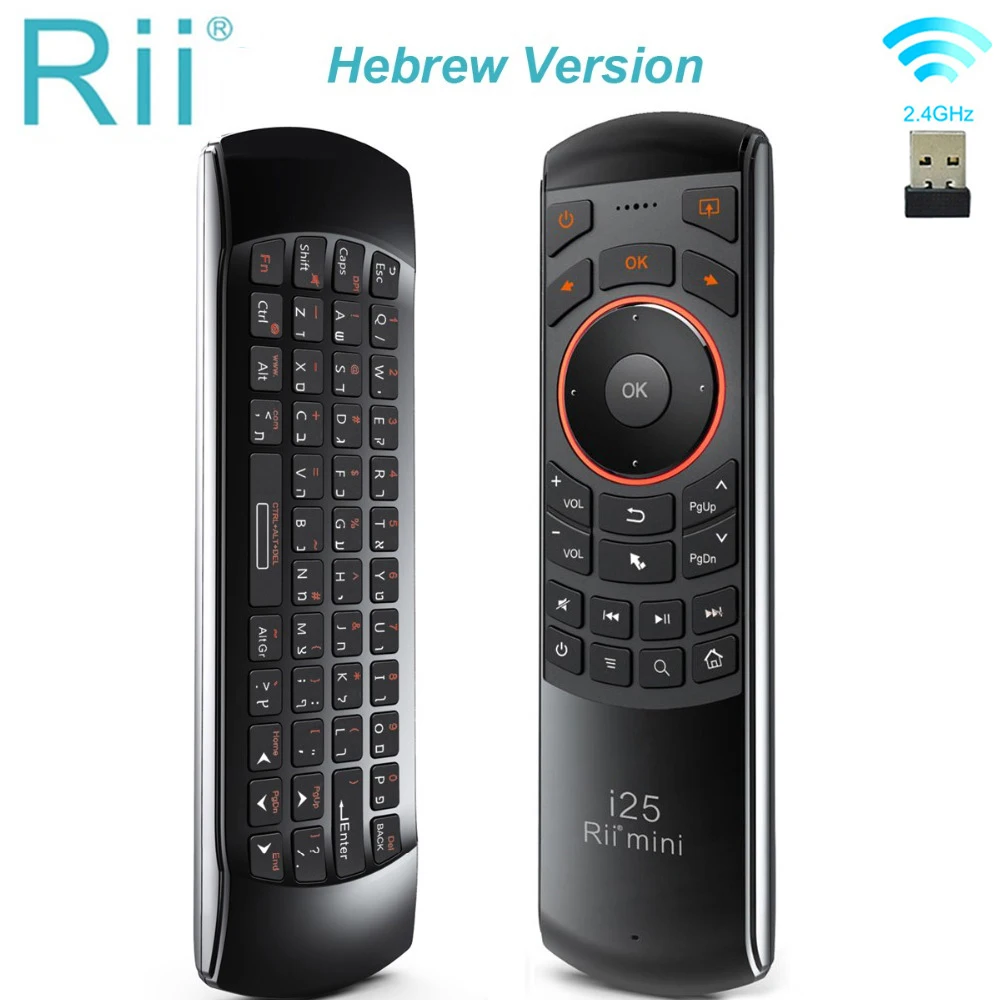 Original Rii i25 2.4GHz Hebrew Keyboard Air Mouse Remote Control IR Extender Learning for HTPC Smart Android Google TV Box IPTV
