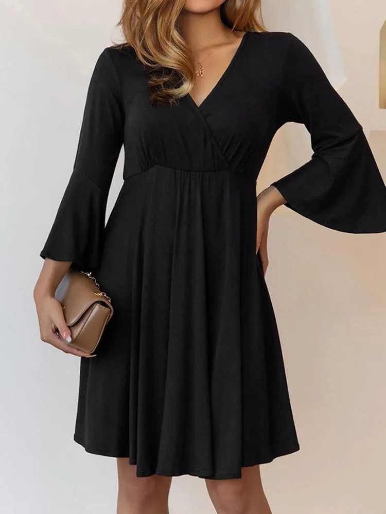 

Dresses for Women 2022 Ruffled Wrap Long Sleeve Mini Dress Sexy V Neck Casual Pleated Elegant Solid Black Dress Party Autunm