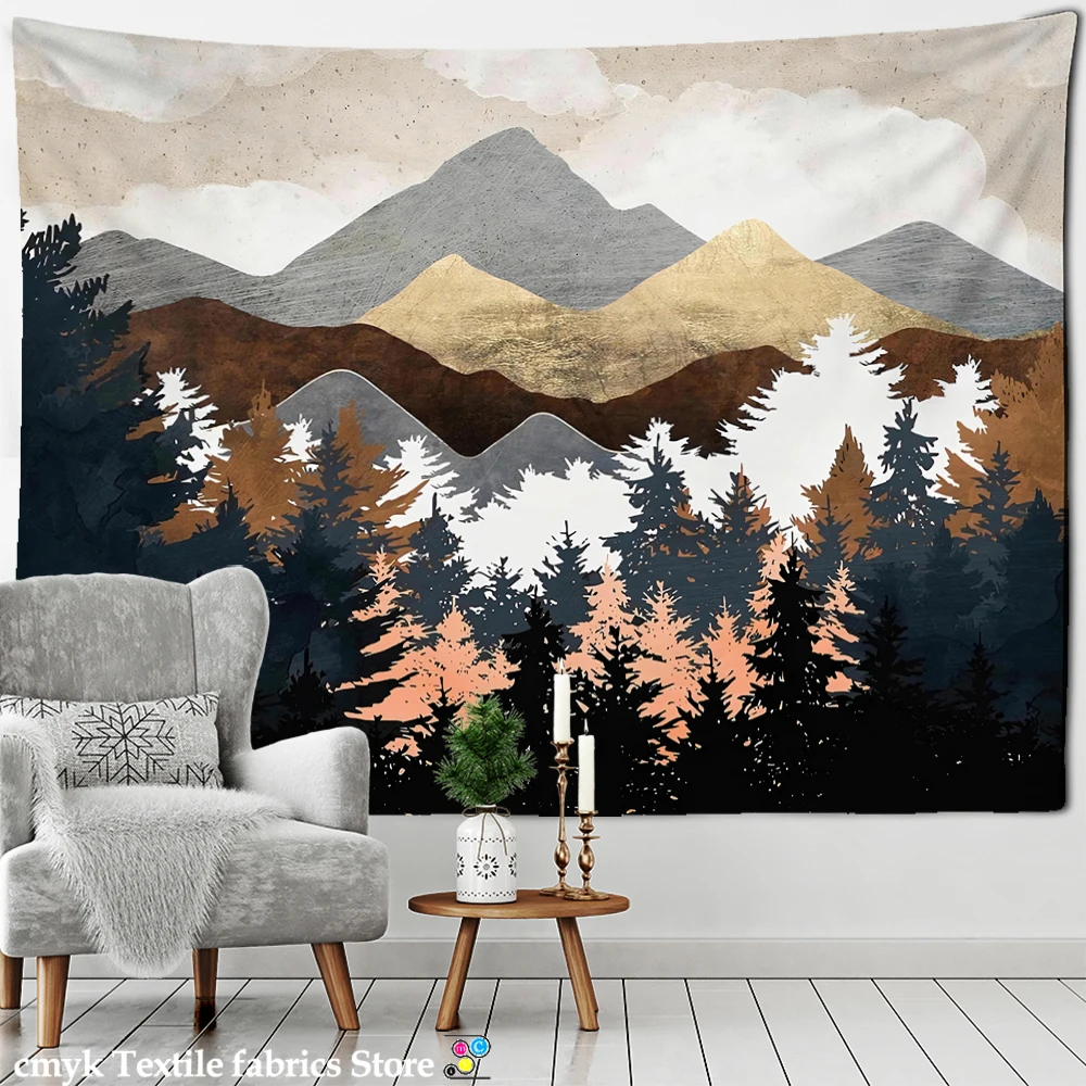 Geometric Peak And Forest Tapestry Wall Hanging Bohemian Style Aesthetic Room Landscape Painting Room Home Decor images - 6