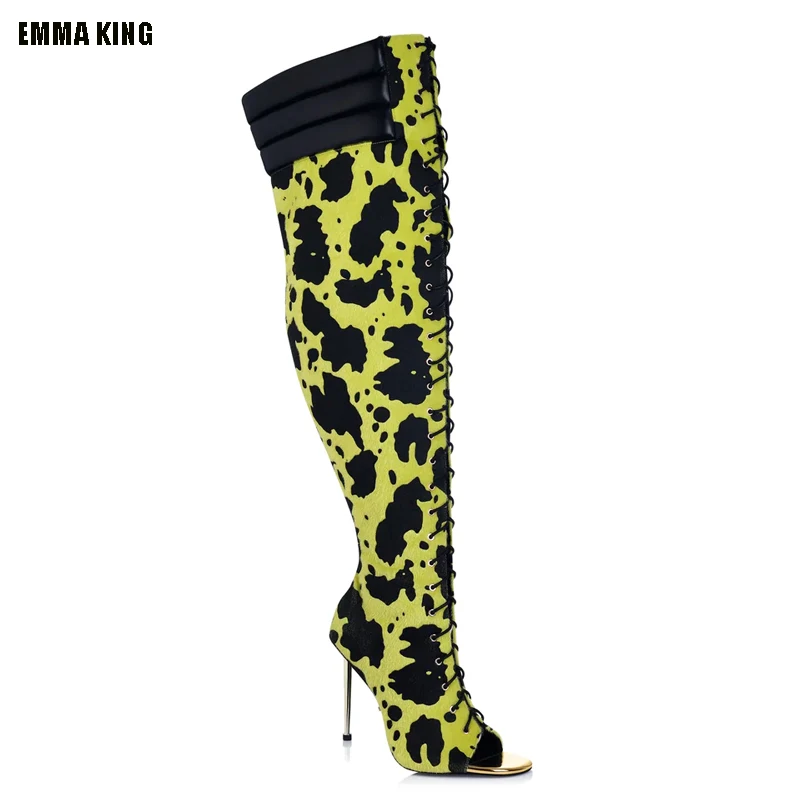 

Женские сапоги выше колена на тонком высоком каблуке, Зимние/Осенние Сапоги на шнуровке, модные женские сапоги до бедра с открытым носком, 44, 2022