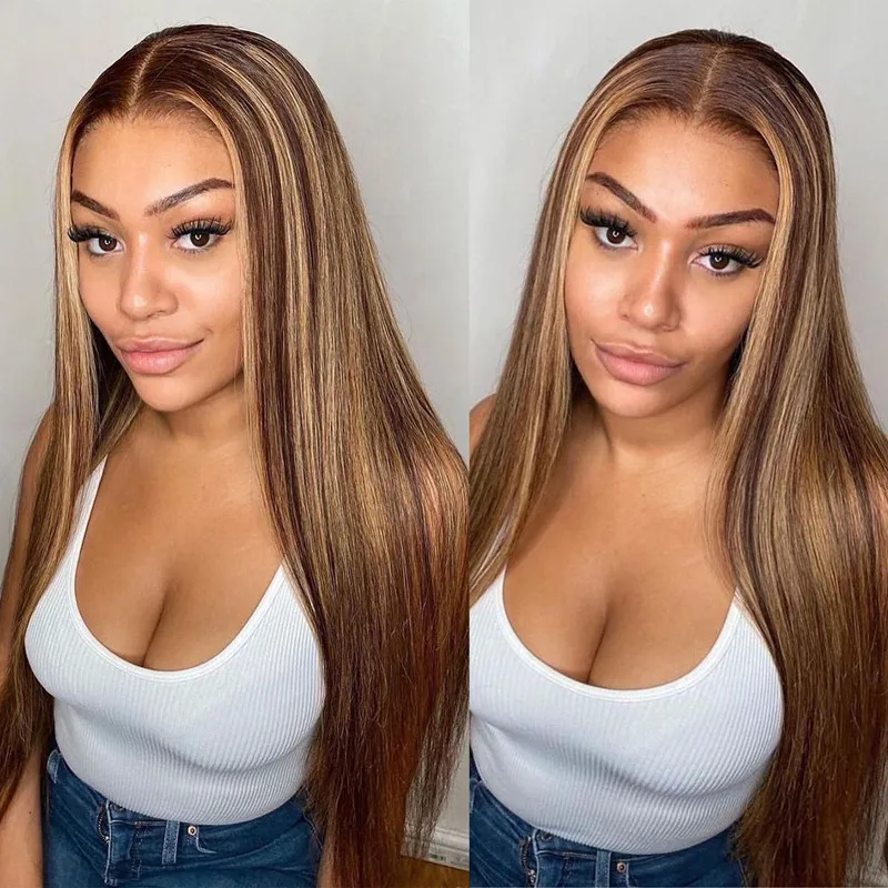 Straight Highlight Wig 13x4 Lace Front Human Hair Wig For Women Lace Frontal Wig Pre Plucked Honey Blonde Colored Human Hair Wig