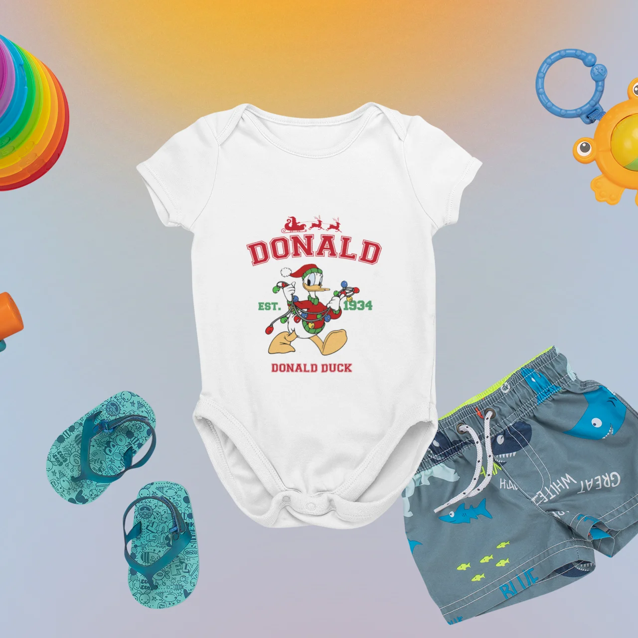 

Christmas Disney Donald Duck Baby Romper Cartoon Cute Personality Comfortable Soft Casual 0-24M Round Neck Four Seasons Outdoor