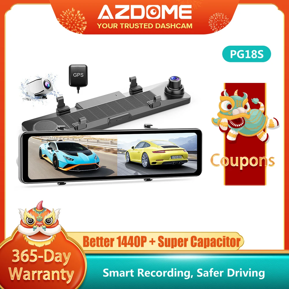 

AZDOME PG18S 2.5K Car Mirror Dash Cam GPS Car Dvr 12in Touch Screen with 1080P Rear View Camera,Night Vision,Parking Assistant