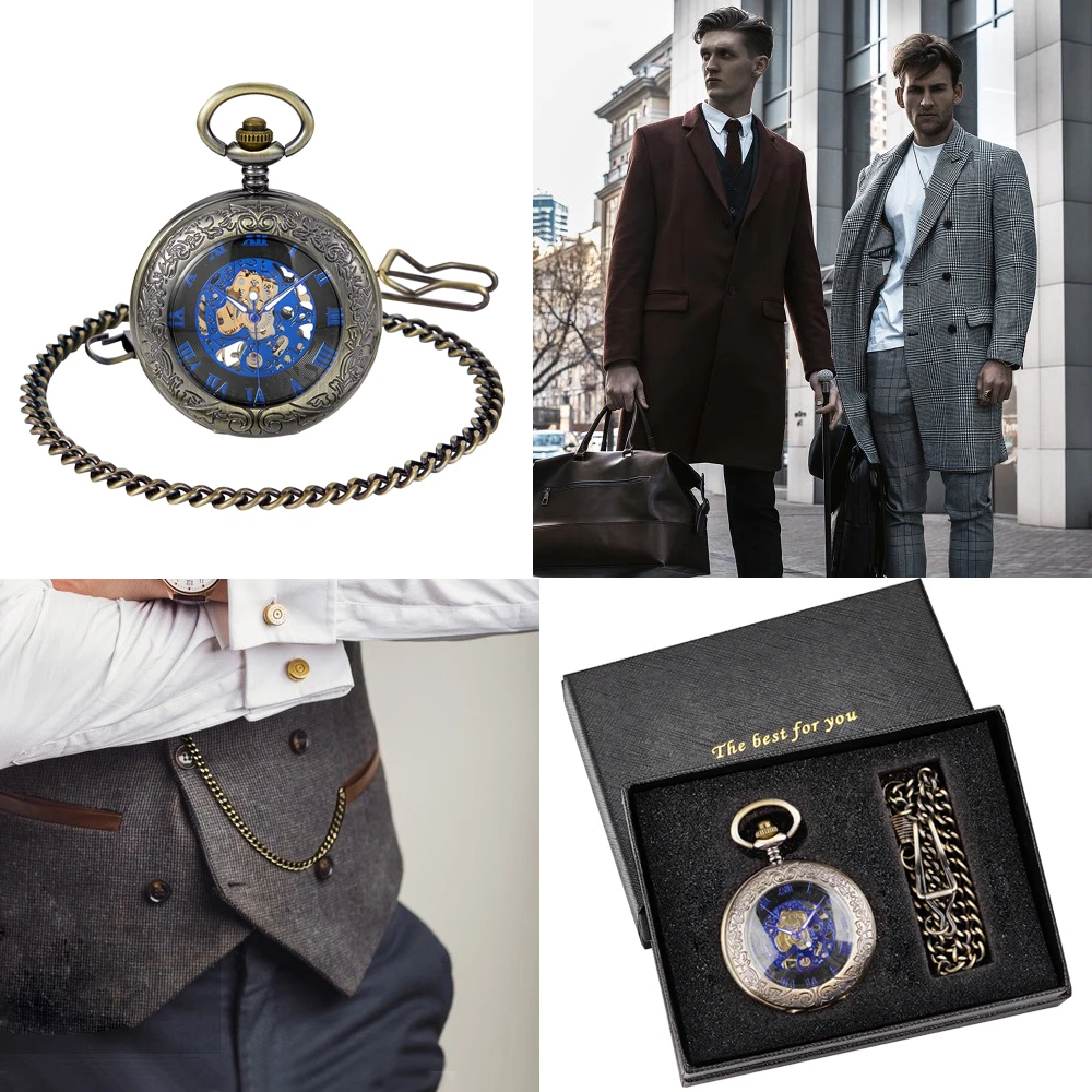 Elegant Vintage Gentleman Pocket Watches Mechacnical Hand-winding Mens Accessory Sweater Chain Clock Roman Numerals Fob Watches