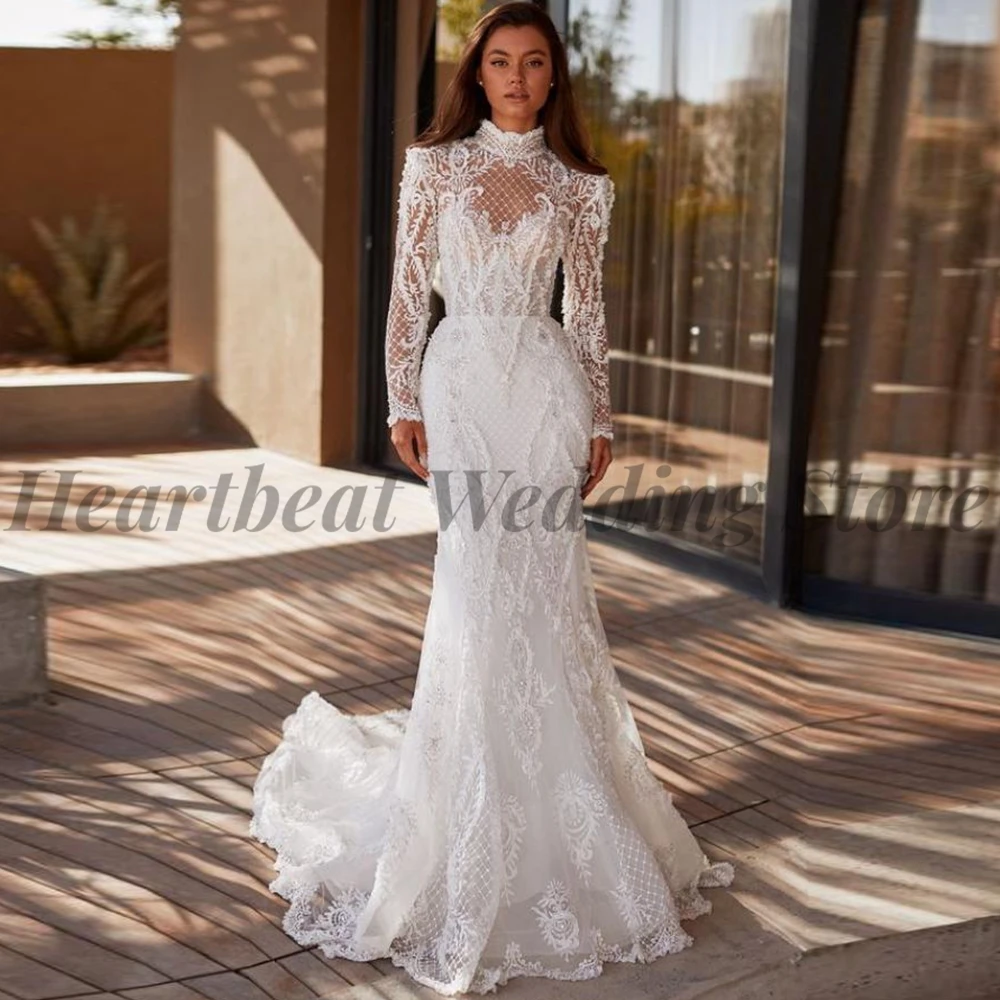 

High Neck Wedding Dress with Long Sleeve Button Back Court Train Applique Sequins 2023 Classic Mermaid for Women Robe De Mariee