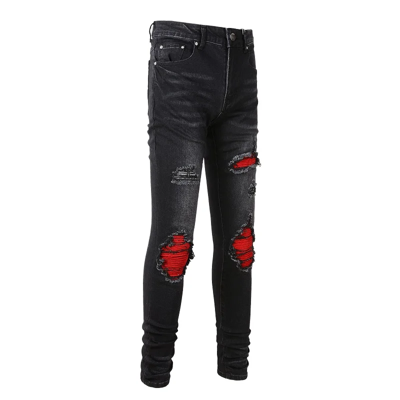 2022 New Arrivals Black Men's Fashion Slim Fit High Streetwear Trip Snake Pencil Skinny Stretch Destroyed Holes Ripped Jeans