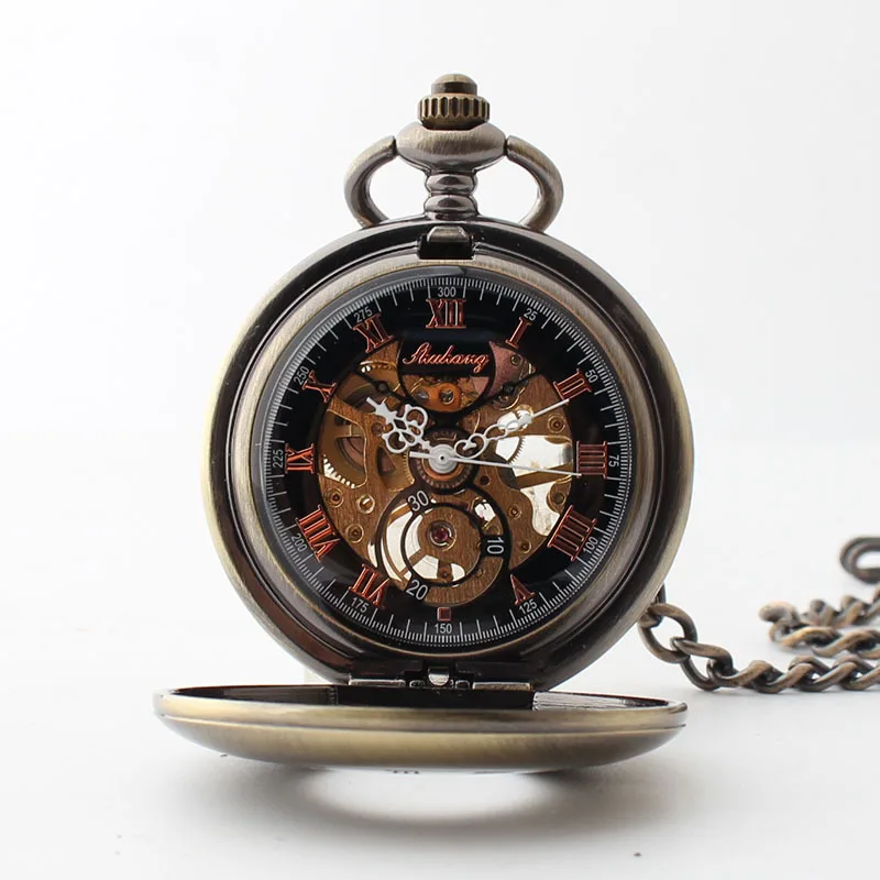 Simple Design Roman Numerals Case Mechanical Pockets Watch For Men Women Steampunk Chain Pendant Gifts reloj hombre