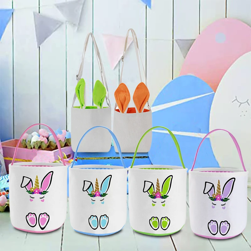 

Easter Bunny Basket Cartoon Rabbit Ears Canvas Eggs Hunt Bag Fluffy Tails Candy Toy Storage Tote Bucket For Easter Party Decor