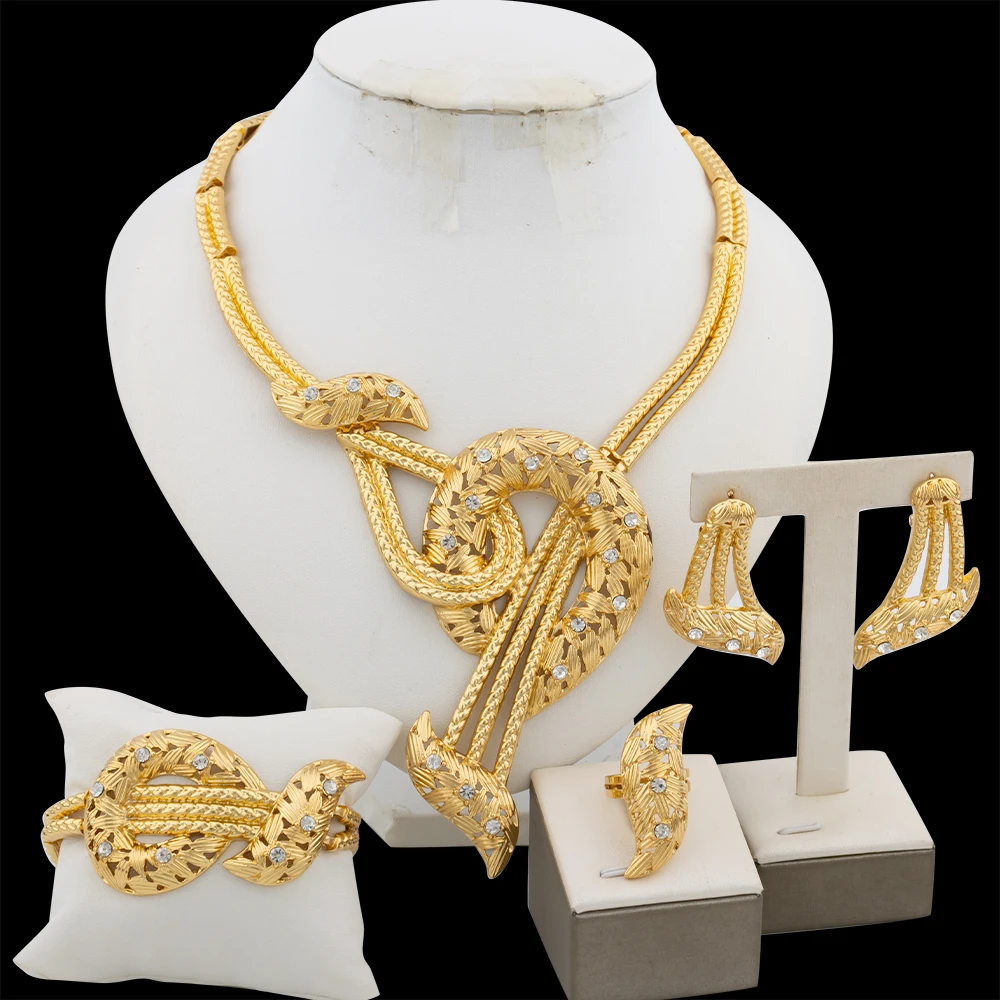 

Dubai Jewelry Set for Women Unusual Design Necklace and Earrings Golden Color Bracelet Ring Bride Set Italian Bride Accessories
