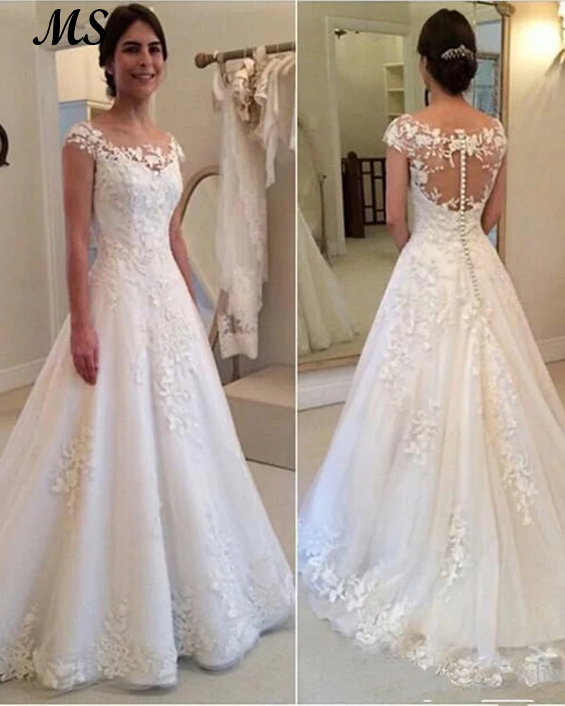 

MS A Line White Tulle Wedding Dress Lace Appliques Sleeveless Court Train Formal Women Bridal Party Gowns Robe De Mariee 2022