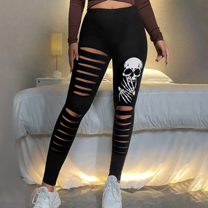 Women's Novelty Skeleton Hand Cut Out Leggings Skull Pattern Elastic Drawstring Leggings Pants Sexy Cutout New Gothic Clothes