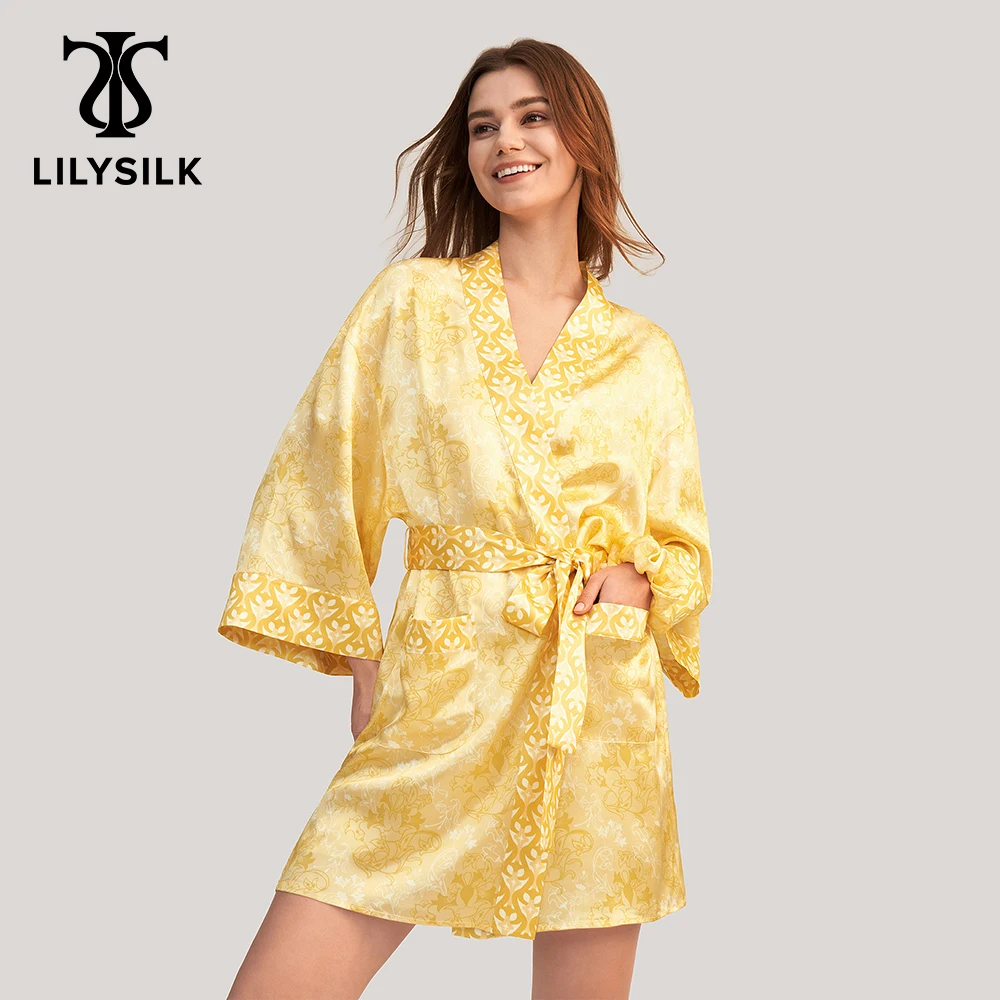 

LILYSILK Golden Lily Silk Satin Kimono Robe Summer Women Sleepwear 2022 New Femme Tied Light Robes For Coverage Free Shipping