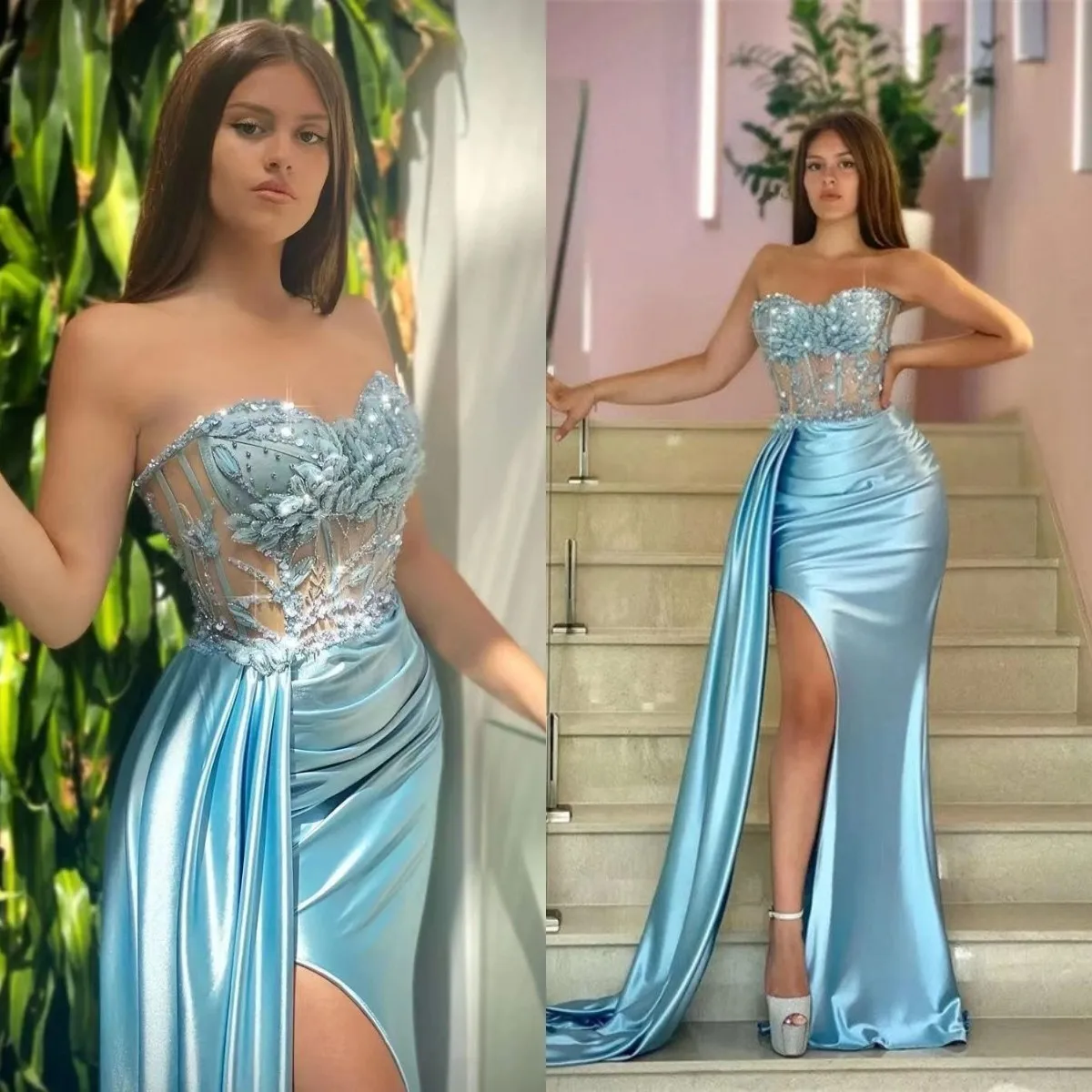 

Charming Sky Blue Prom Dresses Shiny Beads Appliques Sleeveless Evening Gowns Sexy High Split Formal Celebrity Party Robe Wear
