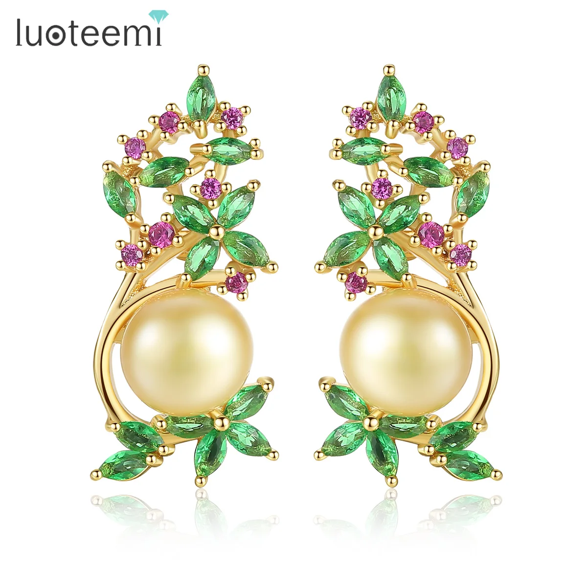 

LUOTEEMI Trendy Gold-Color Yellow Pearl Flower Stud Earrings For Women AAA CZ Crystal Anniversary Party Earring Jewelry Brincos